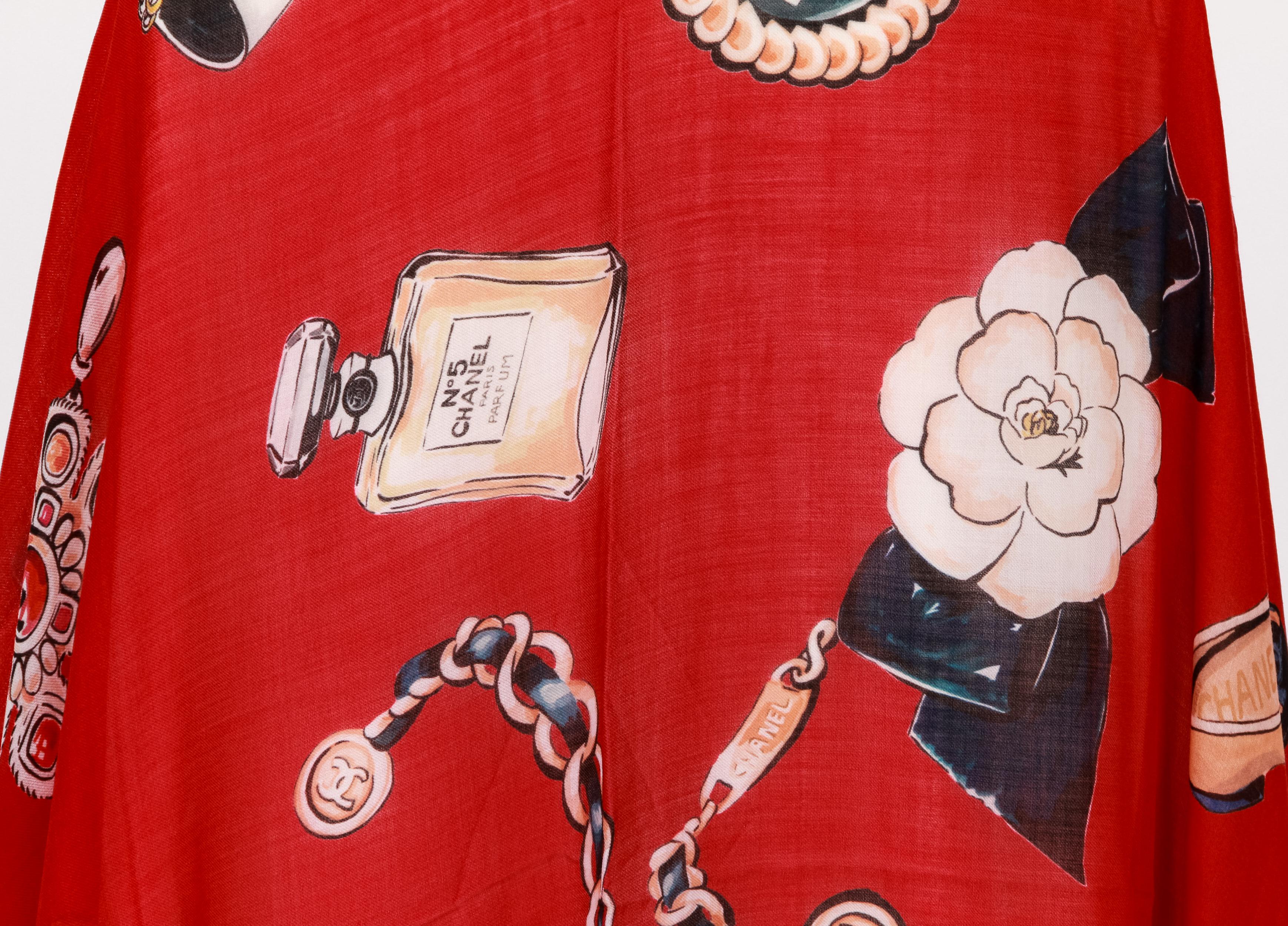 Châle gripoix XL en cachemire rouge et soie mélangée de Chanel, icônes, 74 