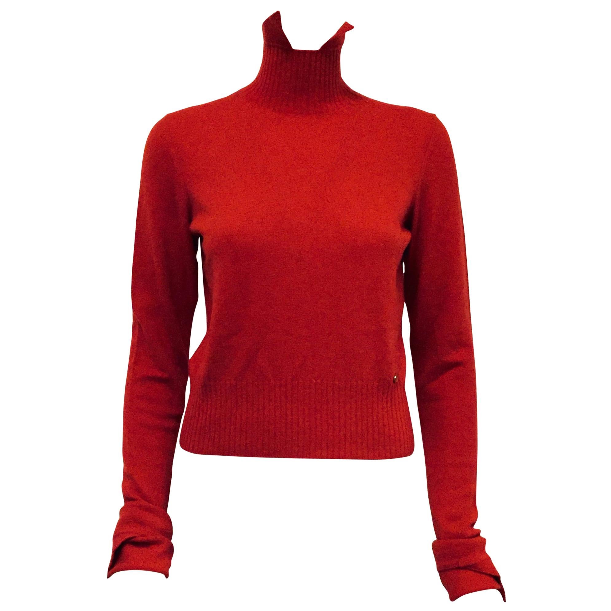 Chanel Red Cashmere Sweater with Pointed Up Collar and Long Sleeves 40 For Sale