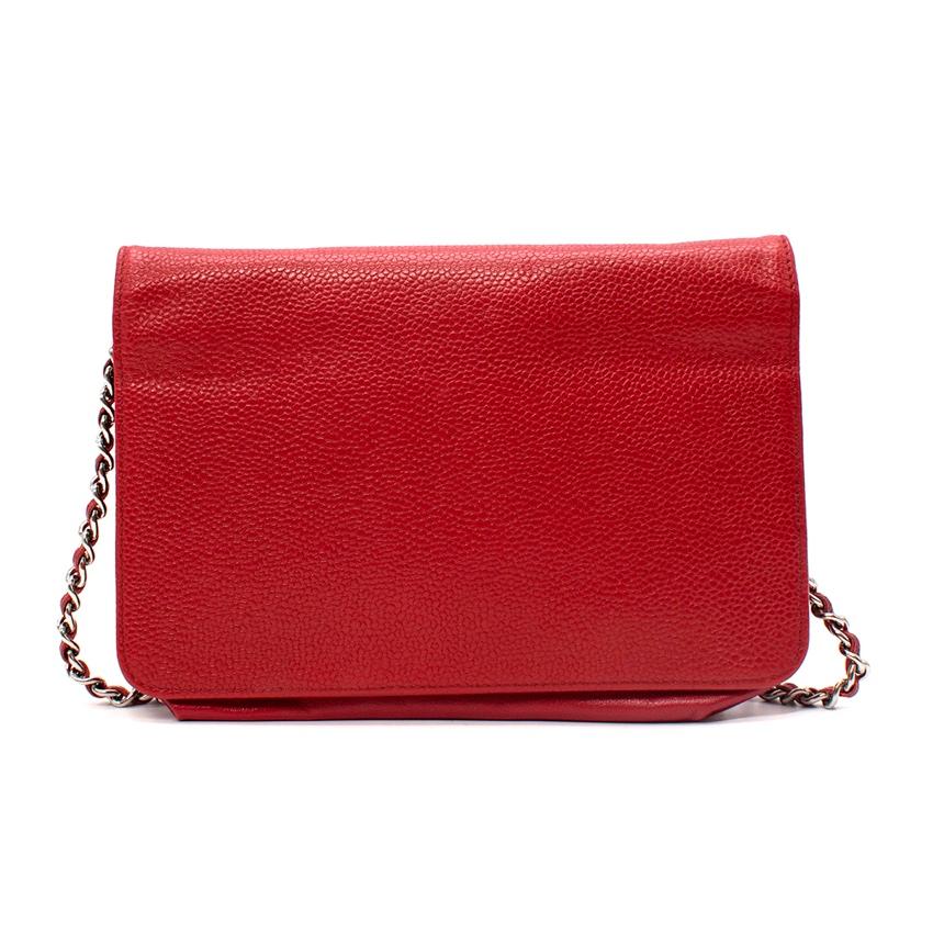 Chanel Red Caviar Leather CC Logo Wallet on Chain
 

 - Classic CC logo wallet-on-chain featuring embroidered CC logo to the front flap
 - Suspended from a leather and silver-tone metal chain strap
 - 2 internal compartments featuring card slots,