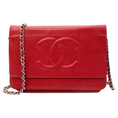 Chanel Red Caviar Leather CC Logo Wallet on Chain For Sale at