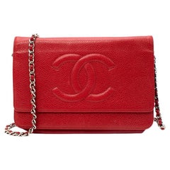 Chanel Red Caviar Leather CC Logo Wallet on Chain