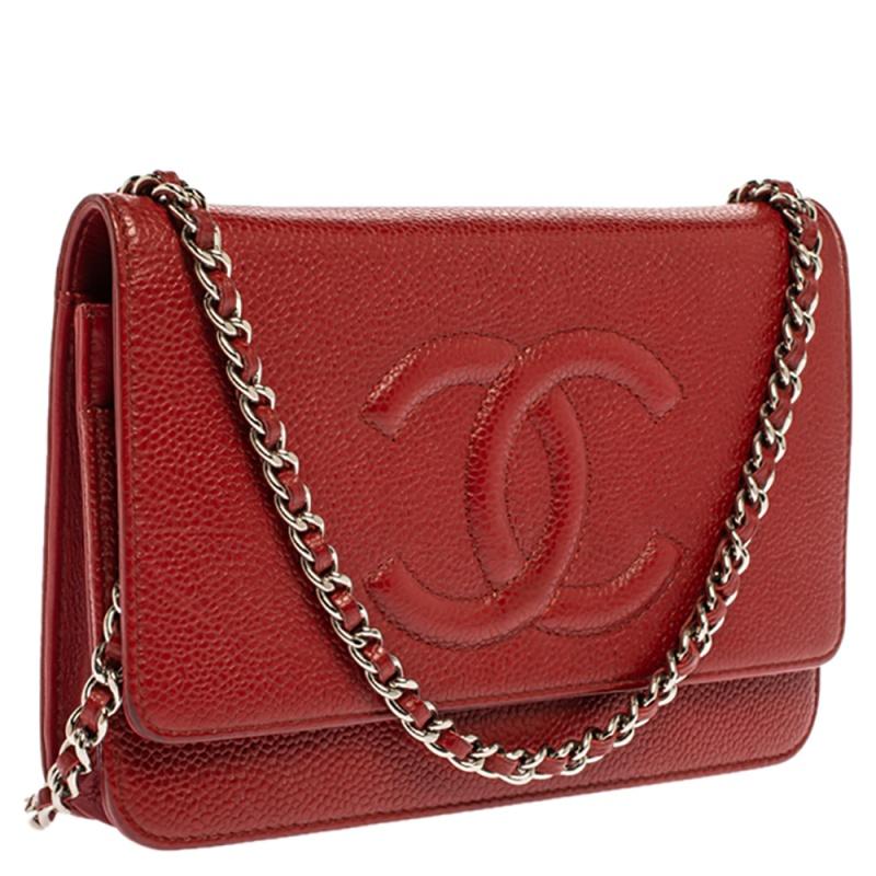 Women's Chanel Red Caviar Leather CC Timeless Wallet On Chain