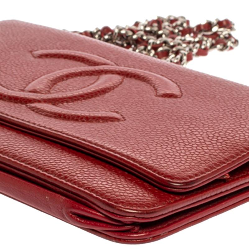 Chanel Red Caviar Leather CC Timeless Wallet On Chain 5