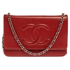 Chanel Red Caviar Leather CC Timeless Wallet On Chain