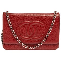 Chanel Red Caviar Leather CC Timeless Wallet On Chain
