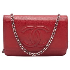Chanel Red Caviar Leather CC Timeless Wallet on Chain