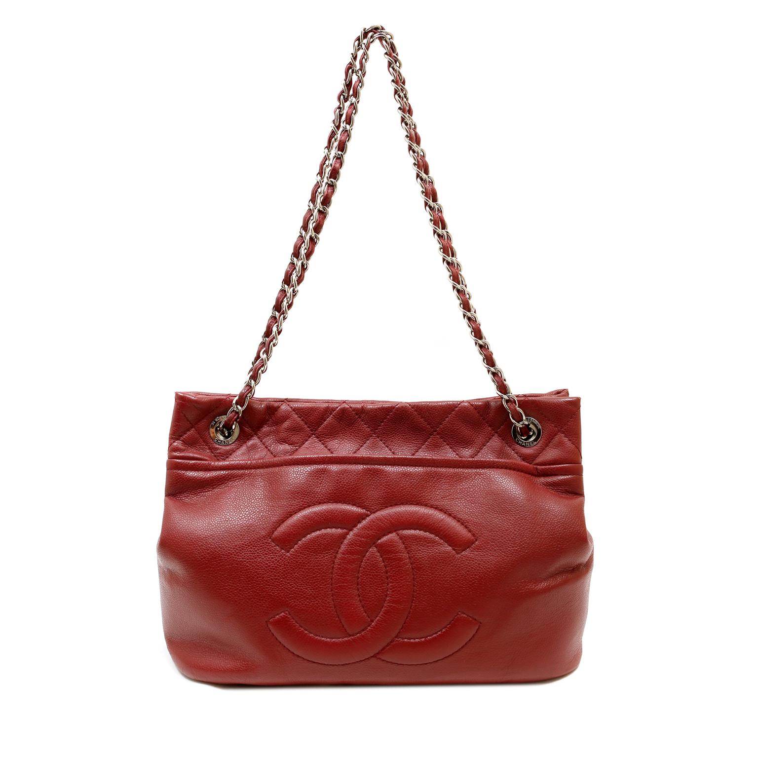 Chanel Red Caviar Leather CC Tote For Sale 1