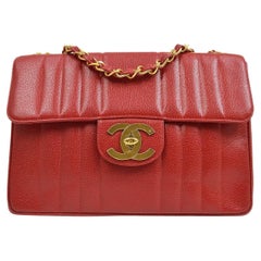 CHANEL Red Caviar Leather Gold Hardware Jumbo Evening Shoulder Flap Bag 
