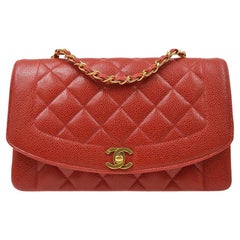 CHANEL Red Caviar Leather Gold Hardware Medium Diana Evening Shoulder Flap Bag