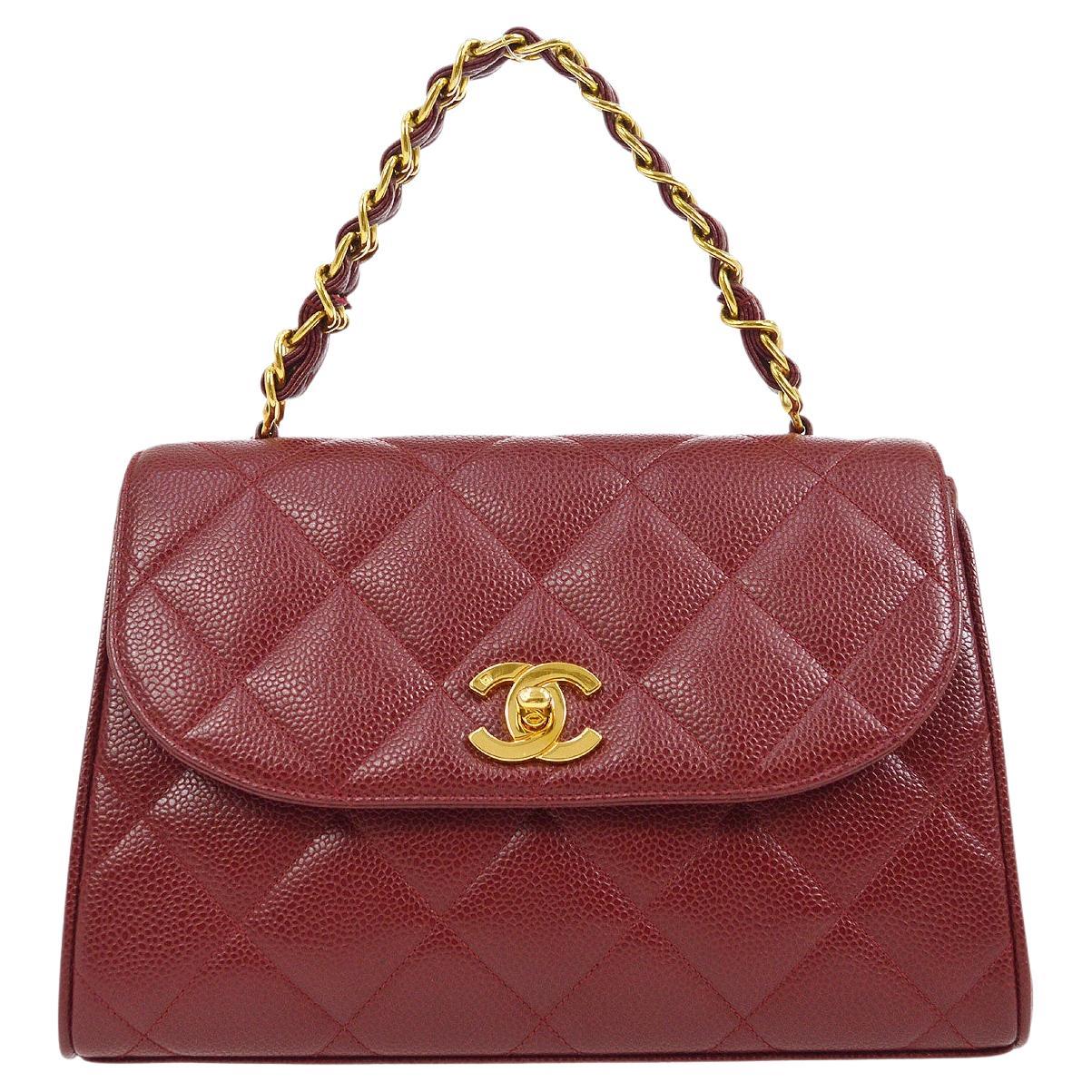 CHANEL Red Caviar Leather Gold Top Handle Flap Bag