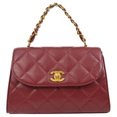 CHANEL Red Caviar Leather Gold Top Handle Flap Bag