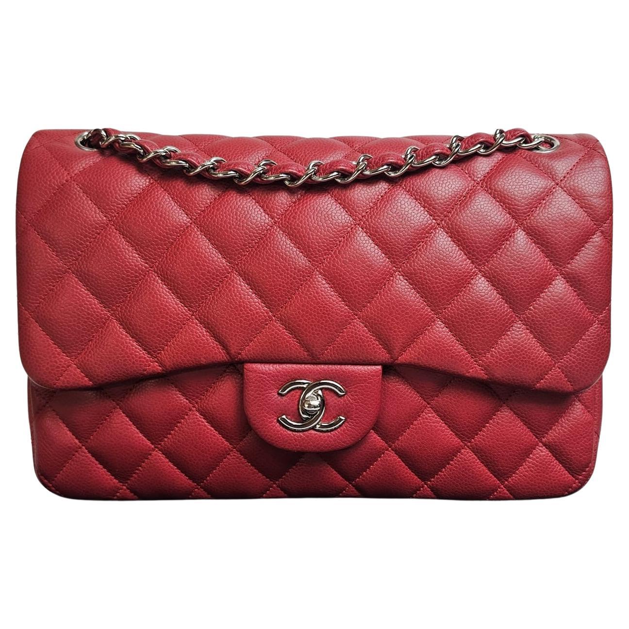 Chanel Bolso Jumbo Doble Solapa Piel Caviar Rojo en venta