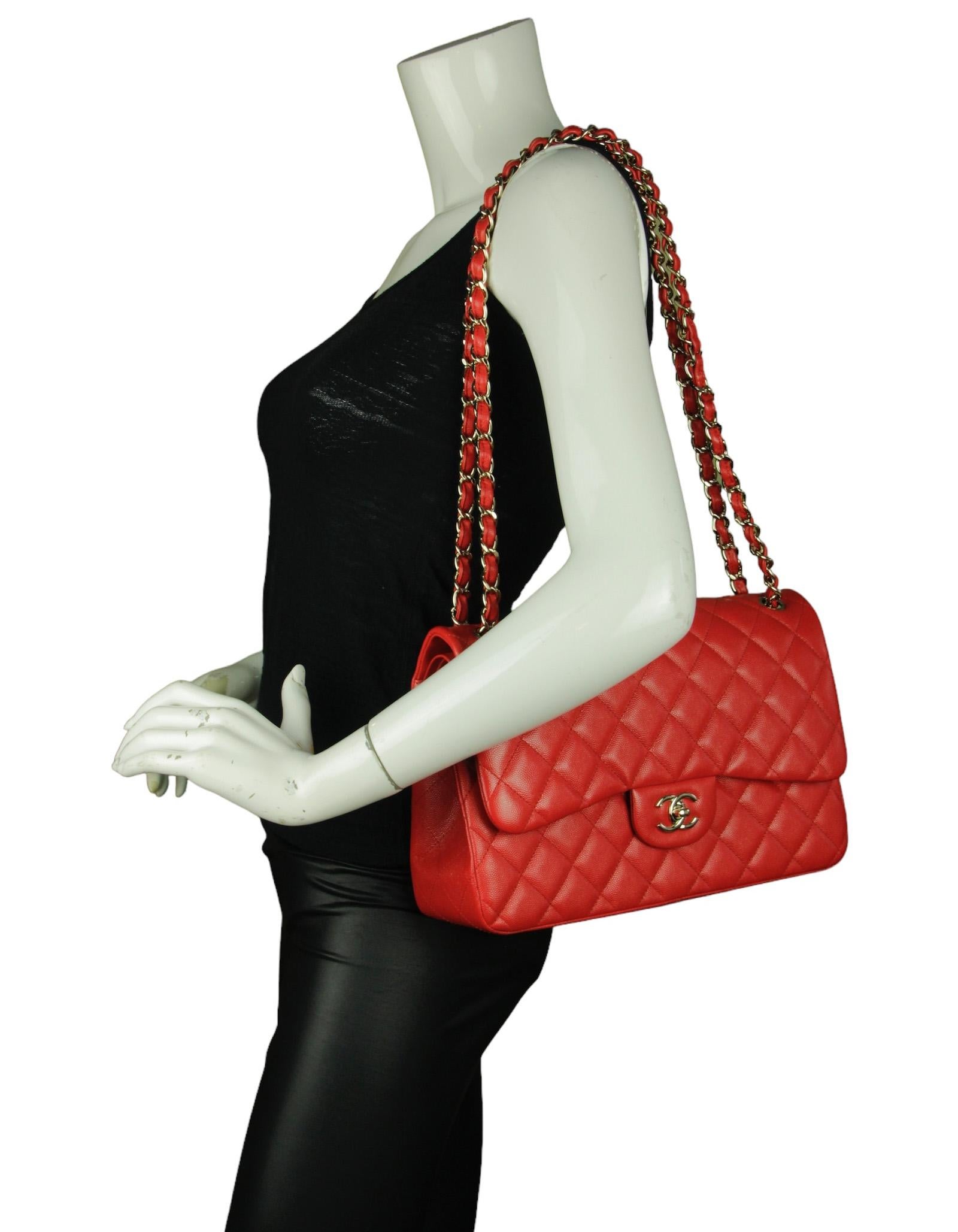 Chanel Red Caviar Leather Quilted Classic Double Flap Jumbo Bag. Glazed caviar leather adds a shine to the rich red color

Made In: Italy
Year of Production: 2021
Color: Red 
Hardware: Goldtone
Materials: Glazed caviar Leather
Lining: Red