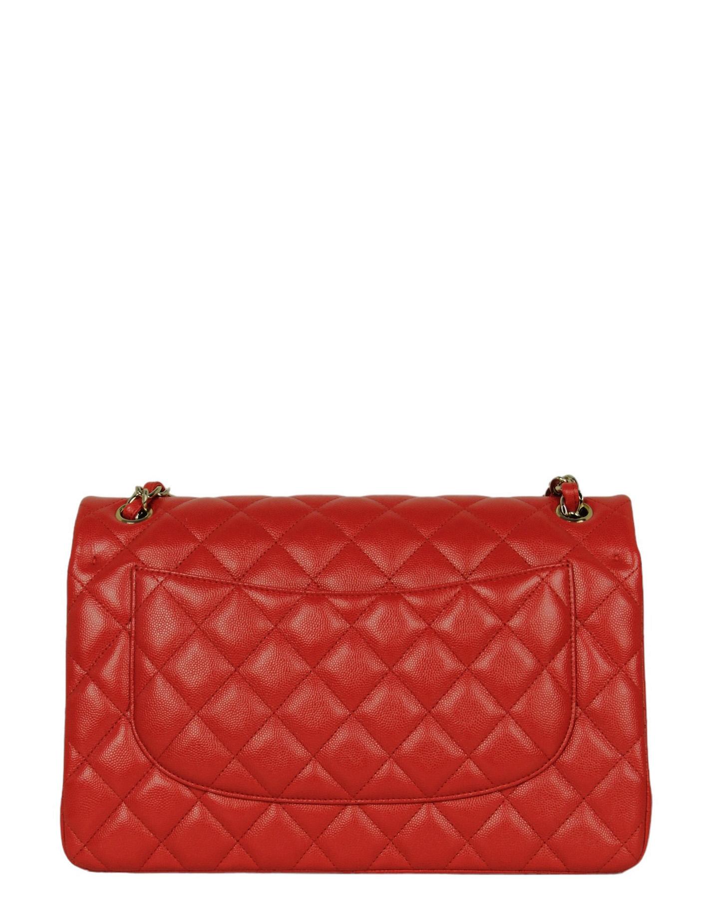 Chanel Red Caviar Leather Quilted Classic Double Flap Jumbo Bag In Excellent Condition For Sale In New York, NY