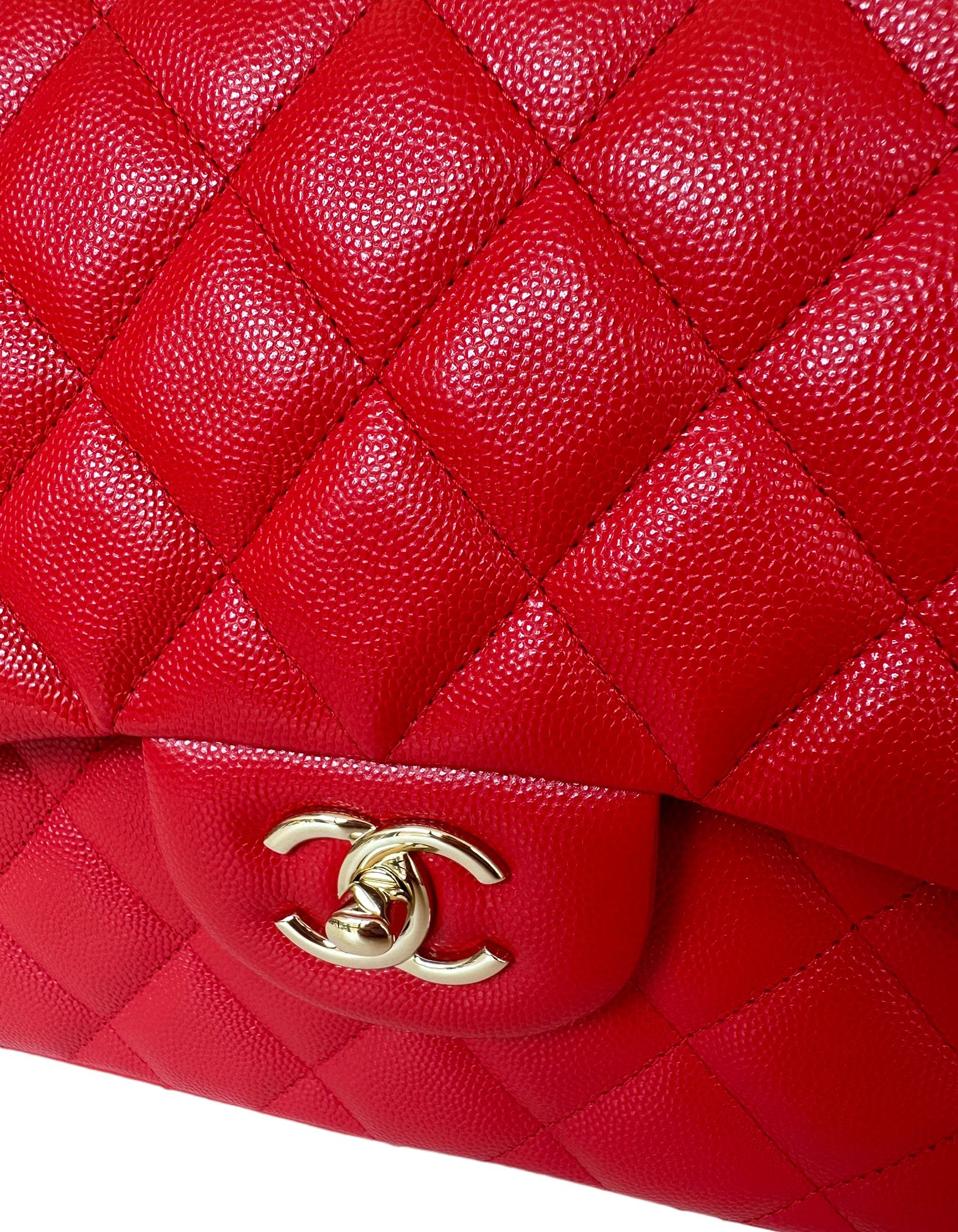 Chanel Red Caviar Leather Quilted Classic Double Flap Jumbo Bag 3