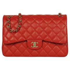 Chanel Rote Kaviar-Leder gesteppt Classic Doppelklappe Jumbo Tasche