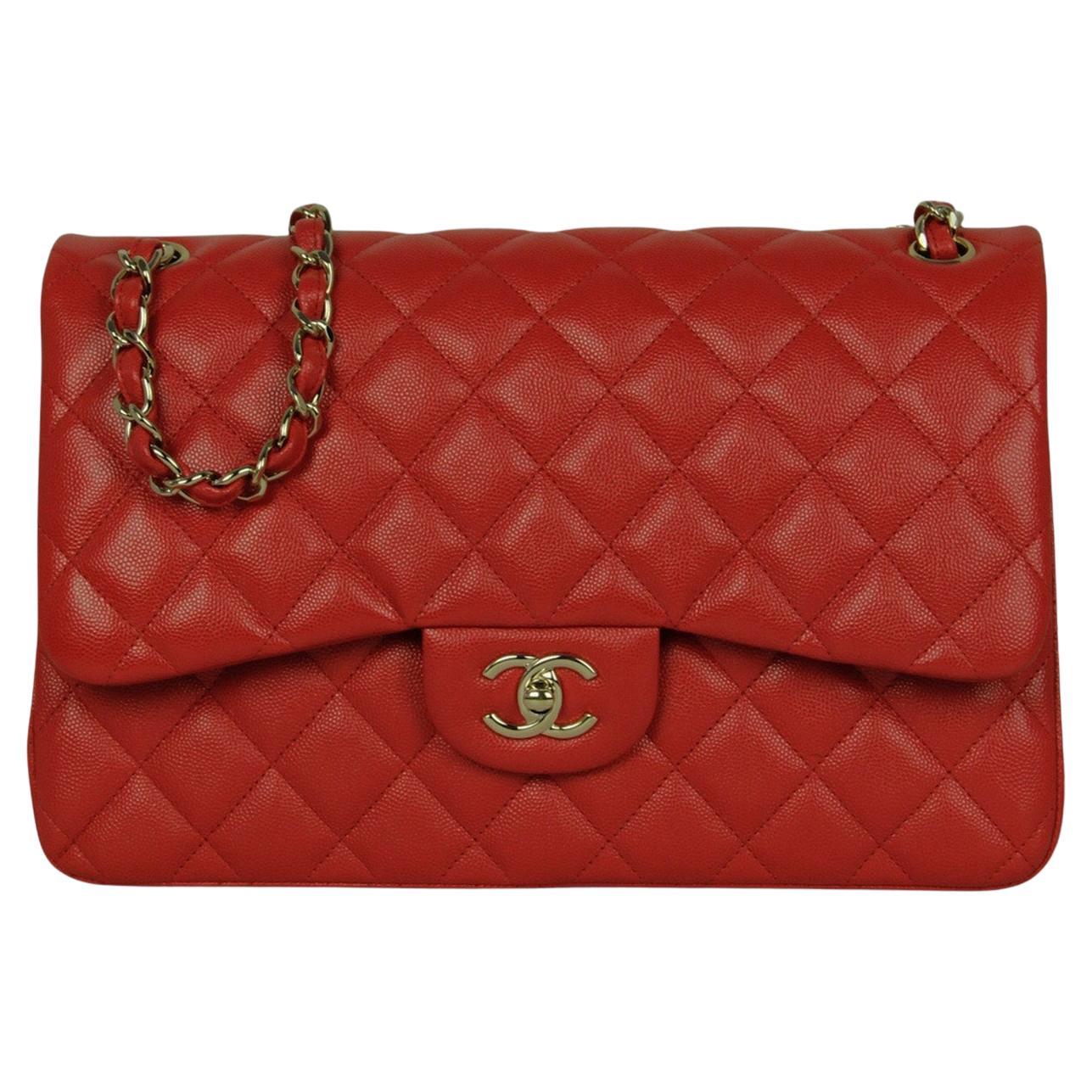 Chanel Red Caviar Leather Quilted Classic Double Flap Jumbo Bag For Sale