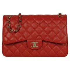 Chanel Red Caviar Leather Quilted Classic Double Flap Jumbo Bag