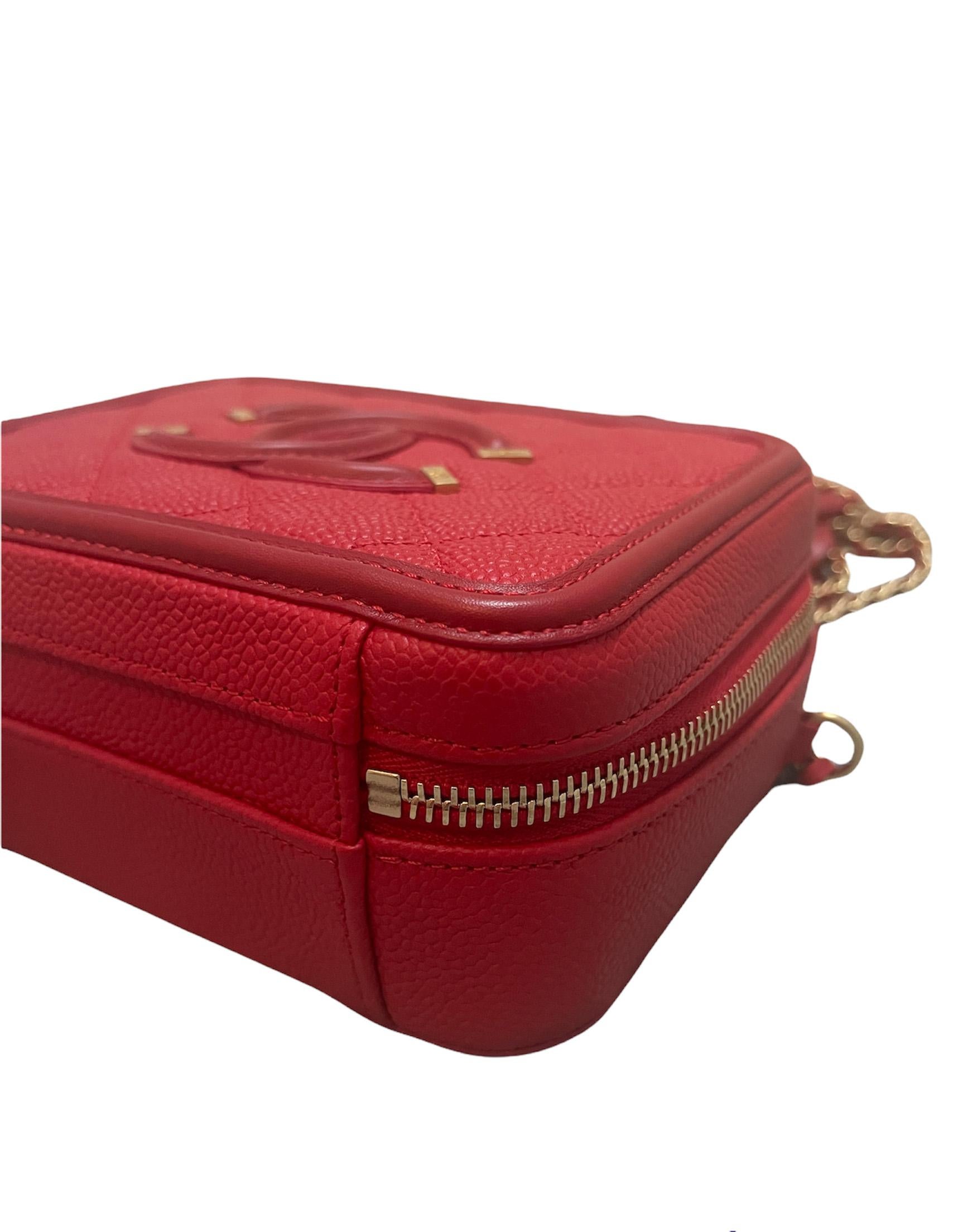Women's Chanel Red Caviar Leather Quilted Small CC Filigree Vanity Case Crossbody Bag