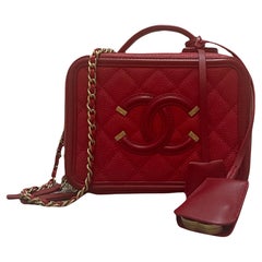 Chanel Red Caviar Leather Quilted Small CC Filigree Vanity Case Crossbody Bag