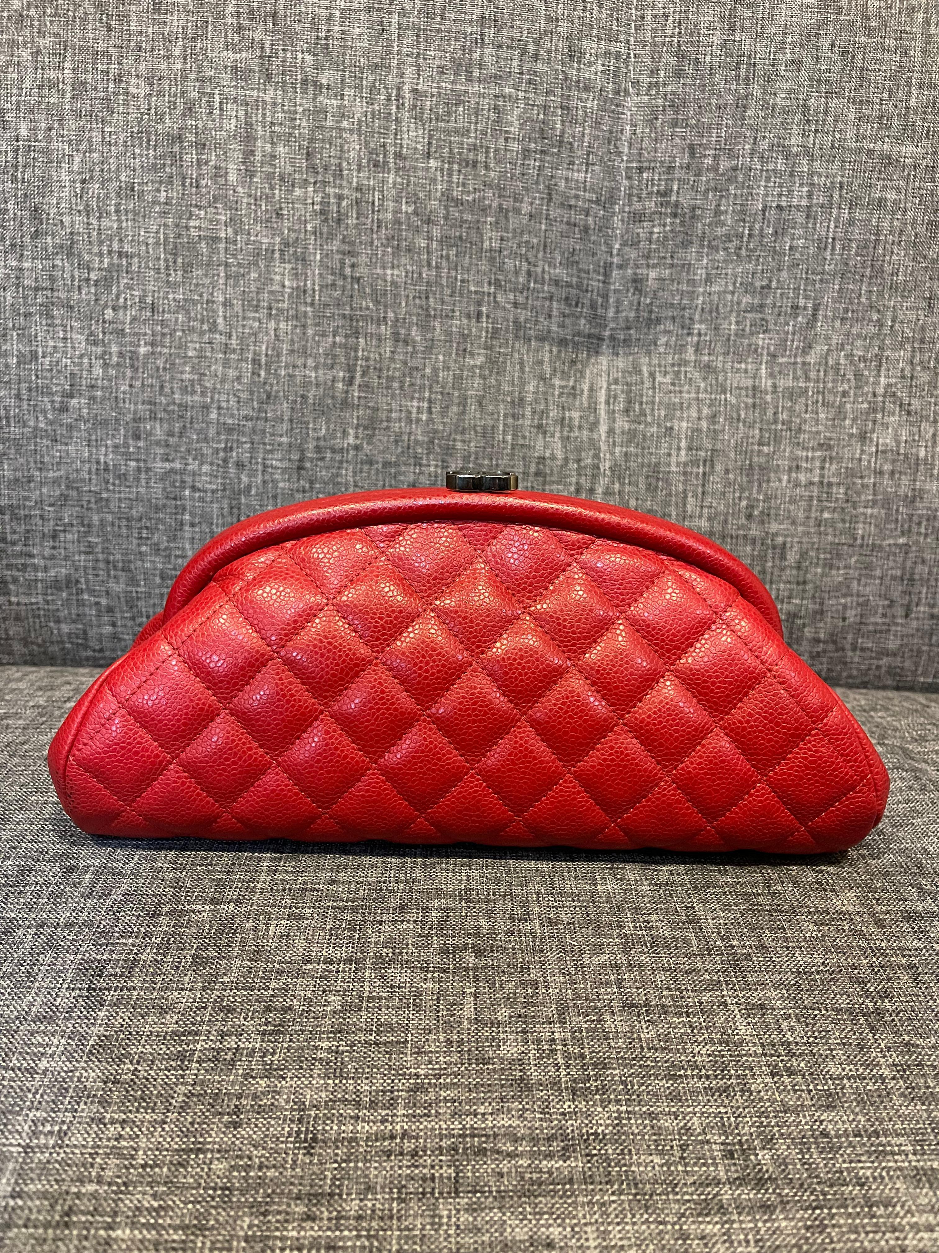 Classic chanel timeless clutch in red caviar leather. Overall still in excellent condition. No significant signs of wear. Comes with its holo and card. Replacement dust bag will be given. Series #19. 