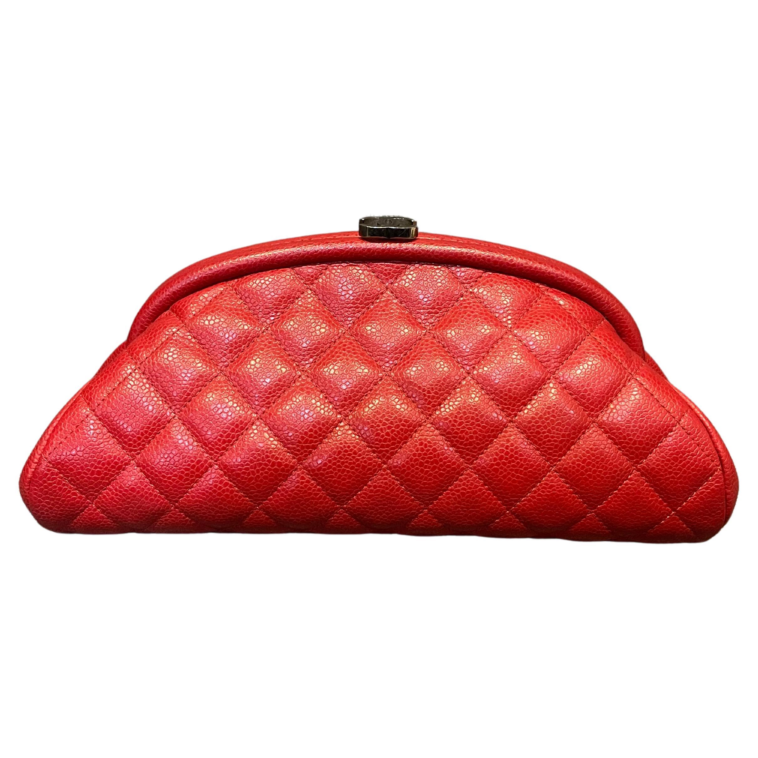 Chanel Red Caviar Leather Quilted Timeless Clutch For Sale