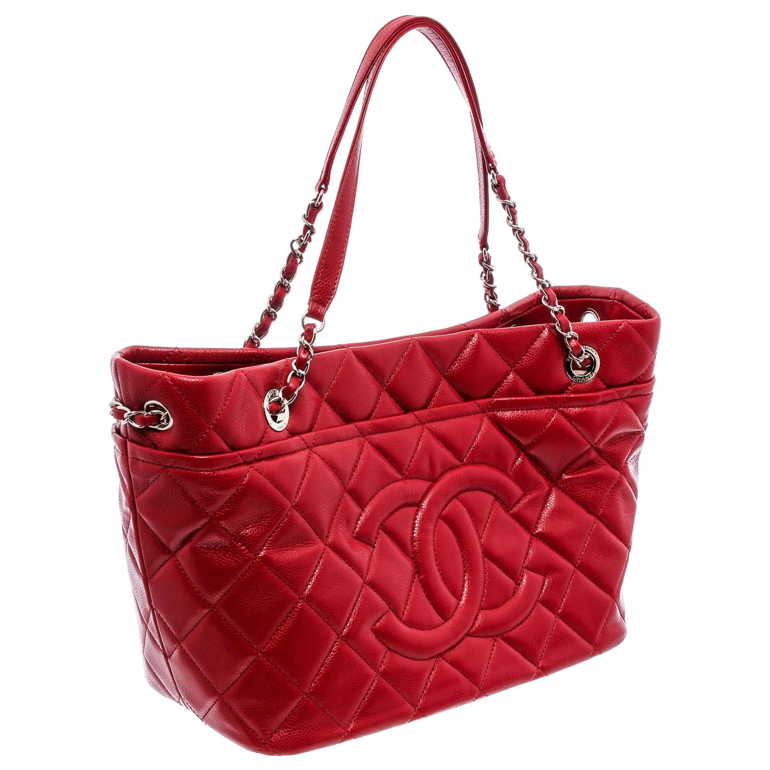 Chanel Red Caviar Leather Timeless Soft Shopper Tote Bag at