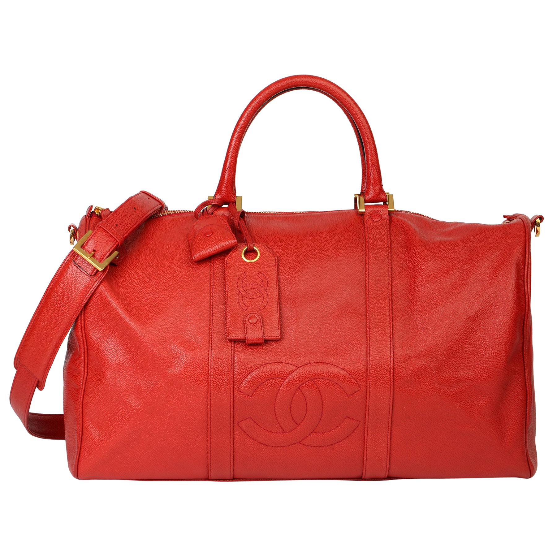 Chanel Red Caviar Leather Vintage Boston 50 at 1stDibs