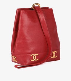 Chanel Red Caviar Leather Vintage Classic Logo Trim Bucket Bag