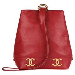 Chanel Red Caviar Leather Vintage Classic Logo Trim Bucket Bag