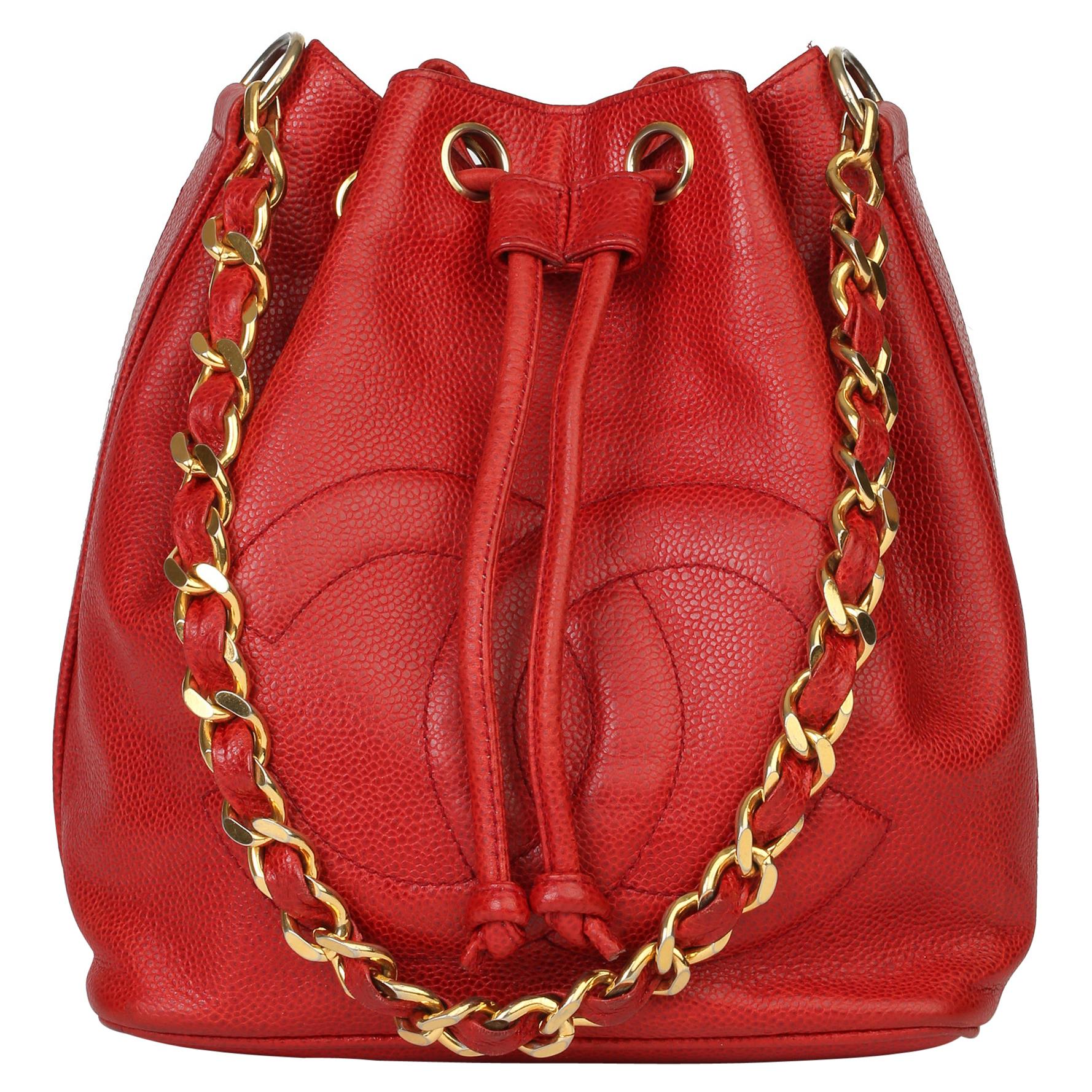 Chanel Red Caviar Leather Vintage Timeless Bucket Bag with Pouch at 1stDibs