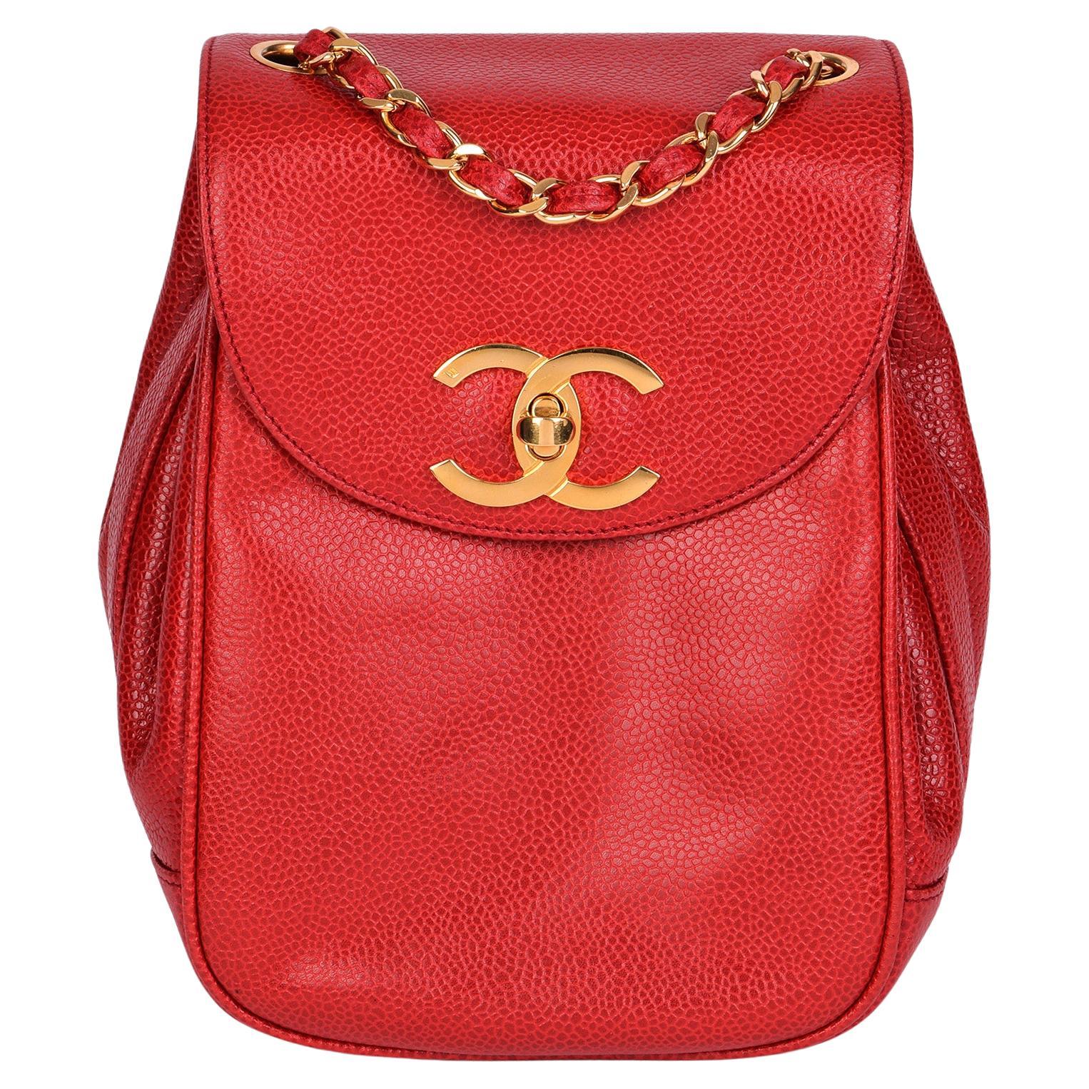 CHANEL Red Caviar Leather Vintage XL Classic Single Flap Bag 