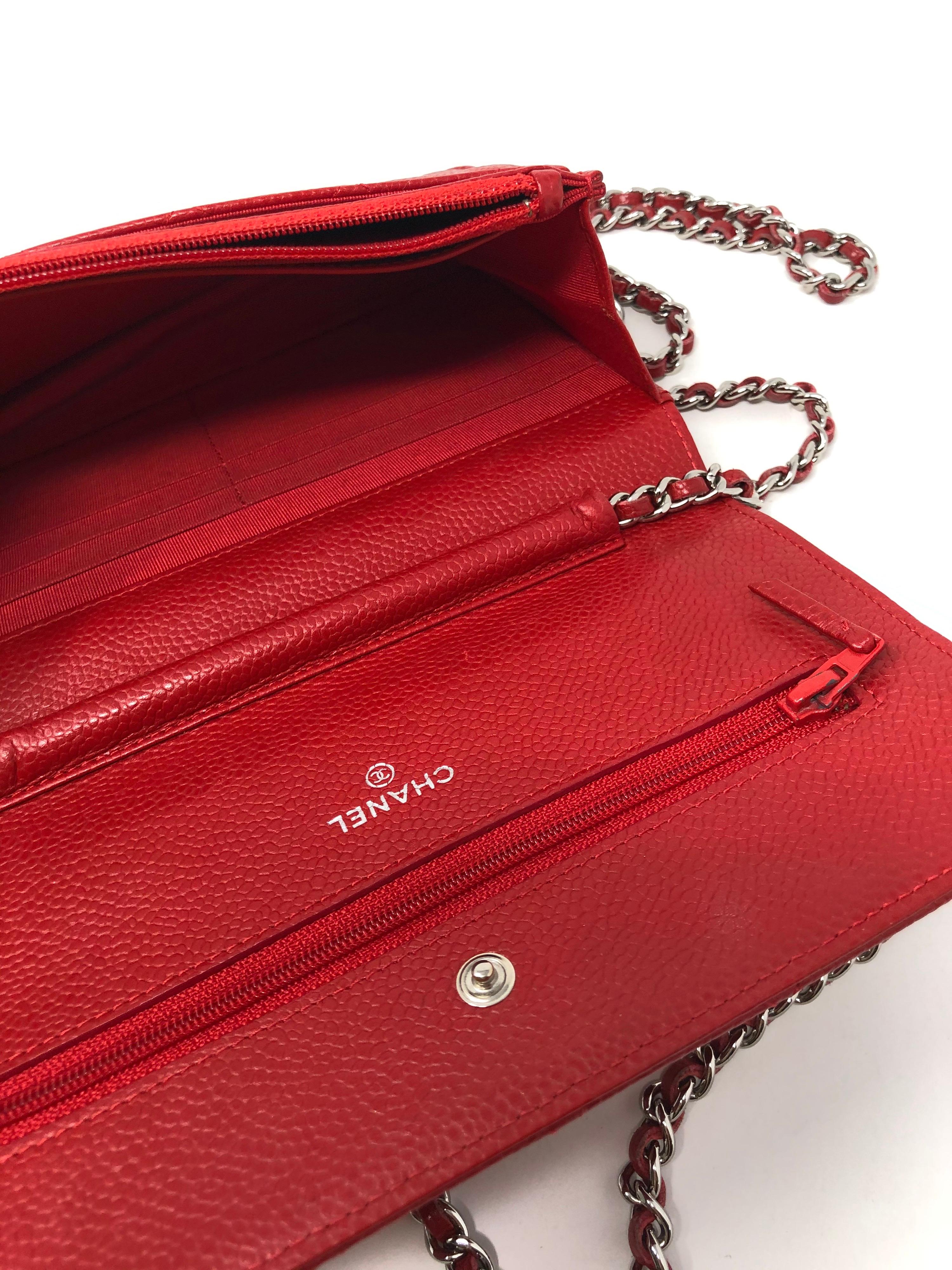 Women's or Men's Chanel Red Caviar Wallet On A Chain Bag