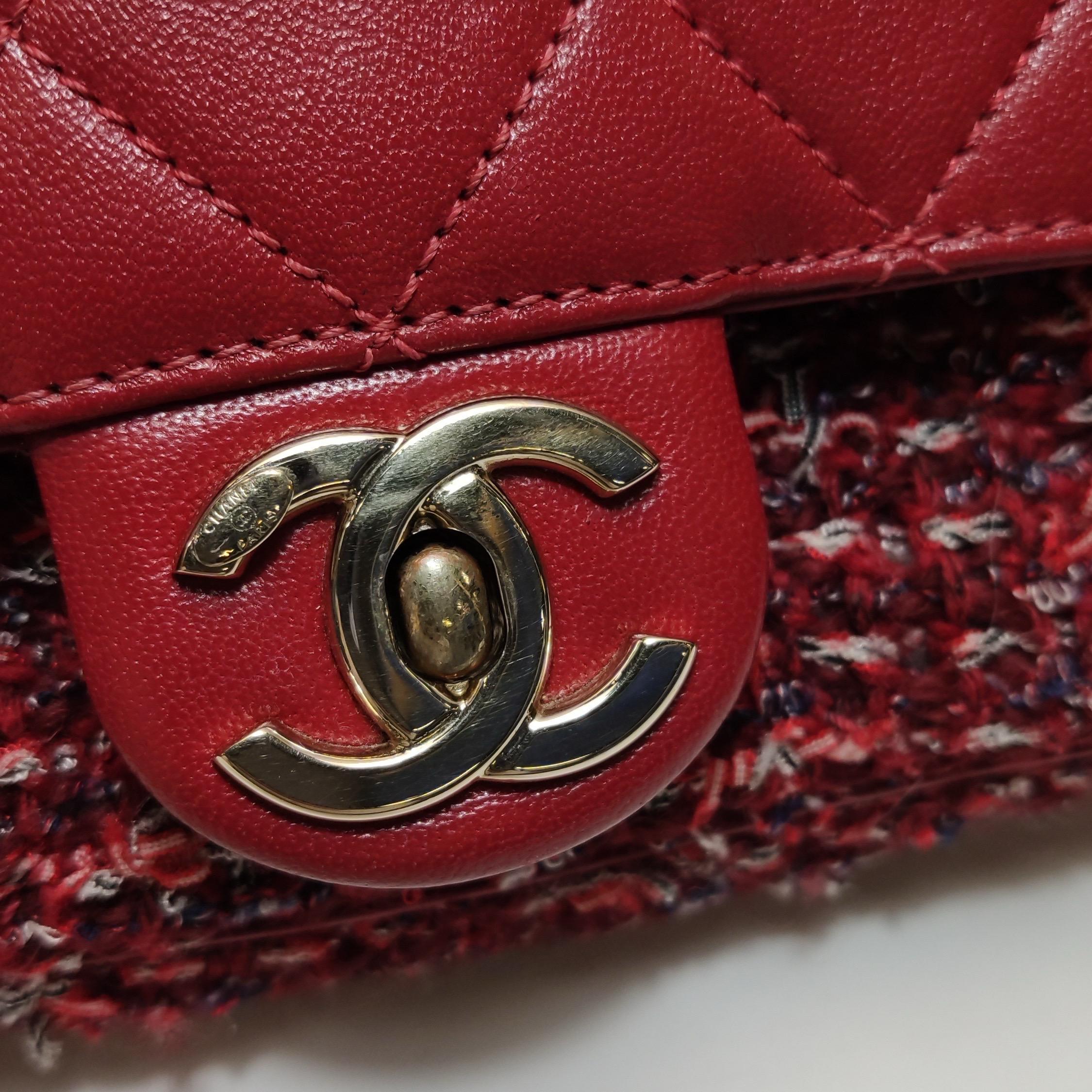 Chanel Red CC Mini Matelasse Tweed Leather Flap Chain Bag Gold Hardware For Sale 7