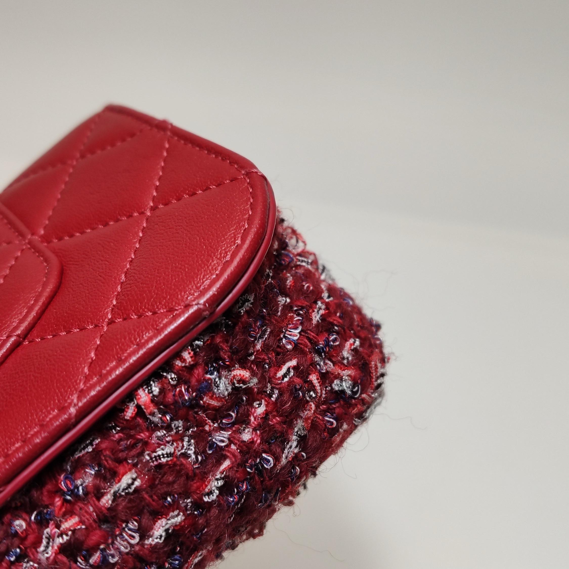Chanel Red CC Mini Matelasse Tweed Leather Flap Chain Bag Gold Hardware For Sale 10