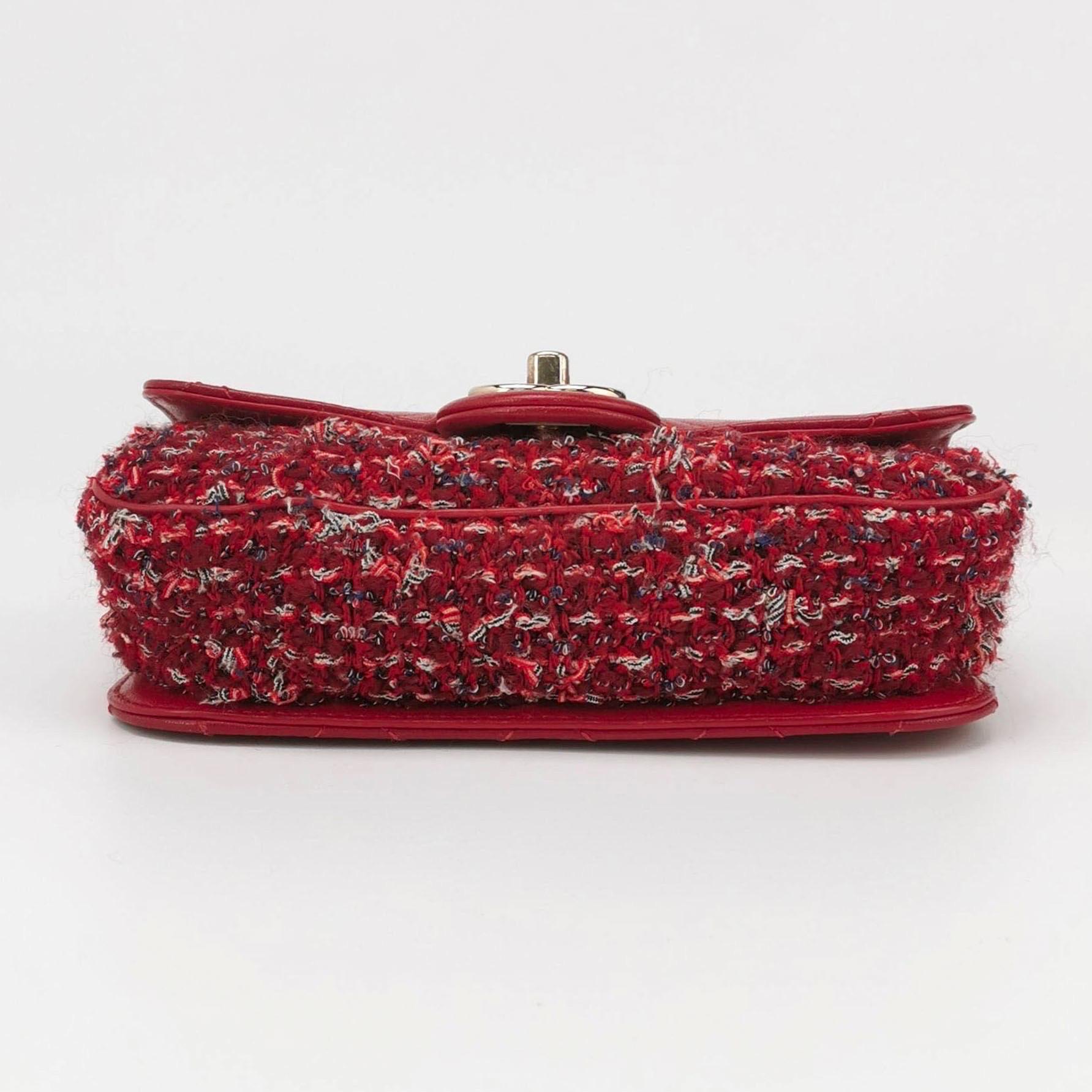 Chanel Red CC Mini Matelasse Tweed Leather Flap Chain Bag Gold Hardware For Sale 1
