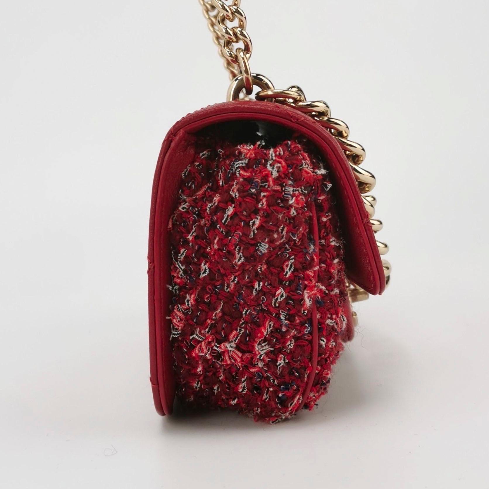 Chanel Red CC Mini Matelasse Tweed Leather Flap Chain Bag Gold Hardware For Sale 2
