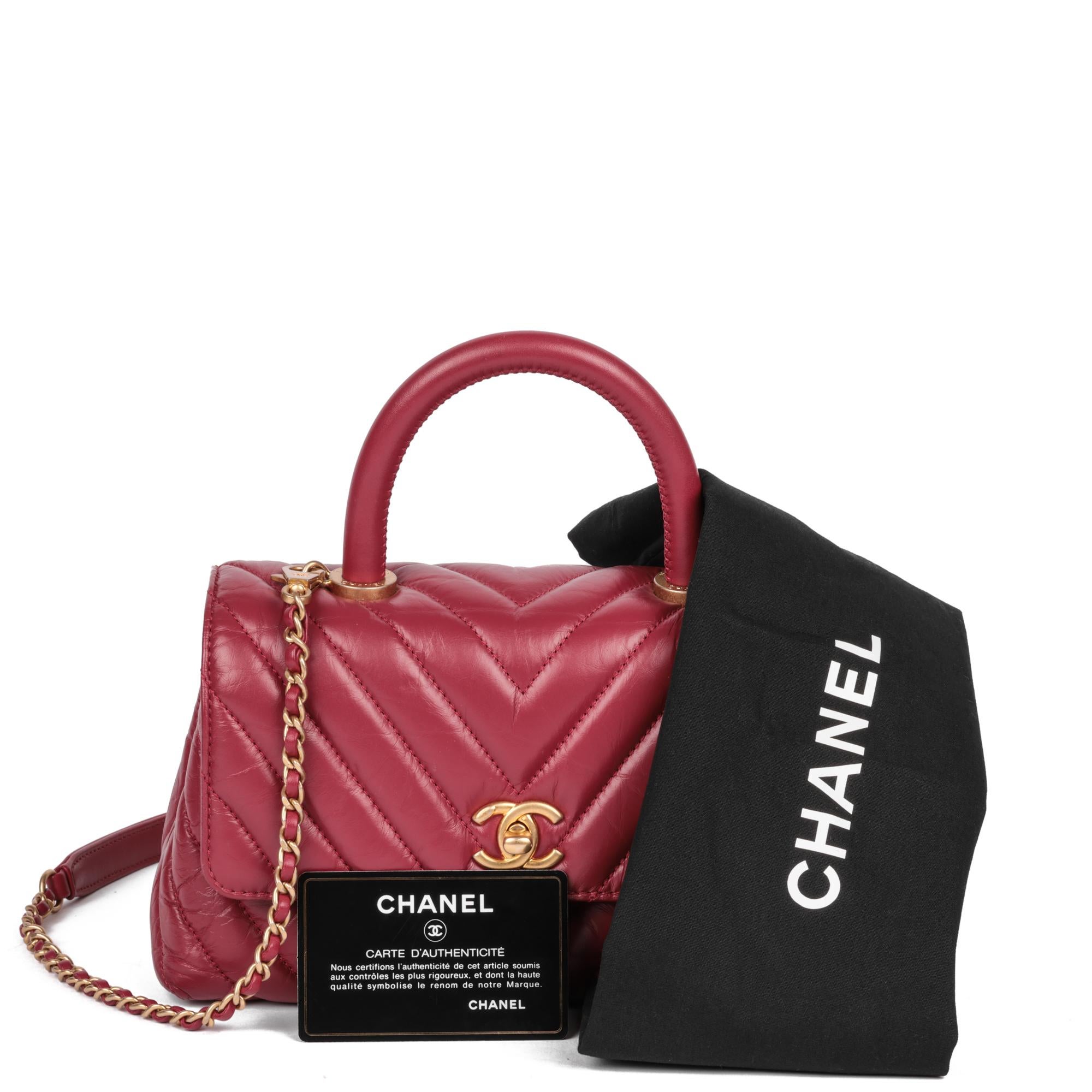 Chanel Red Chevron Aged Calfskin Leather Small Coco Top Handle For Sale 4