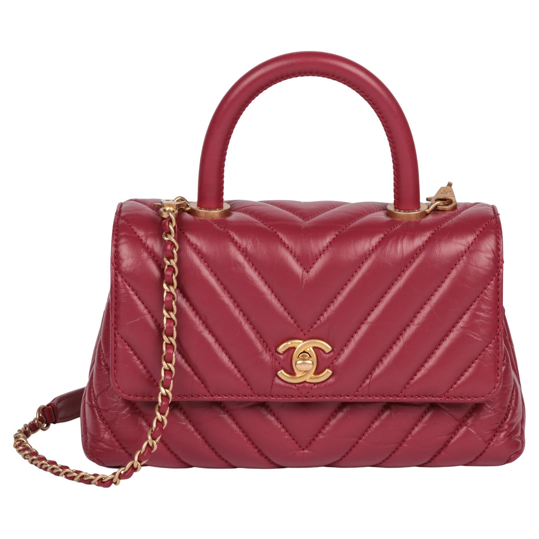 Chanel Red Chevron Aged Calfskin Leather Small Coco Top Handle For Sale