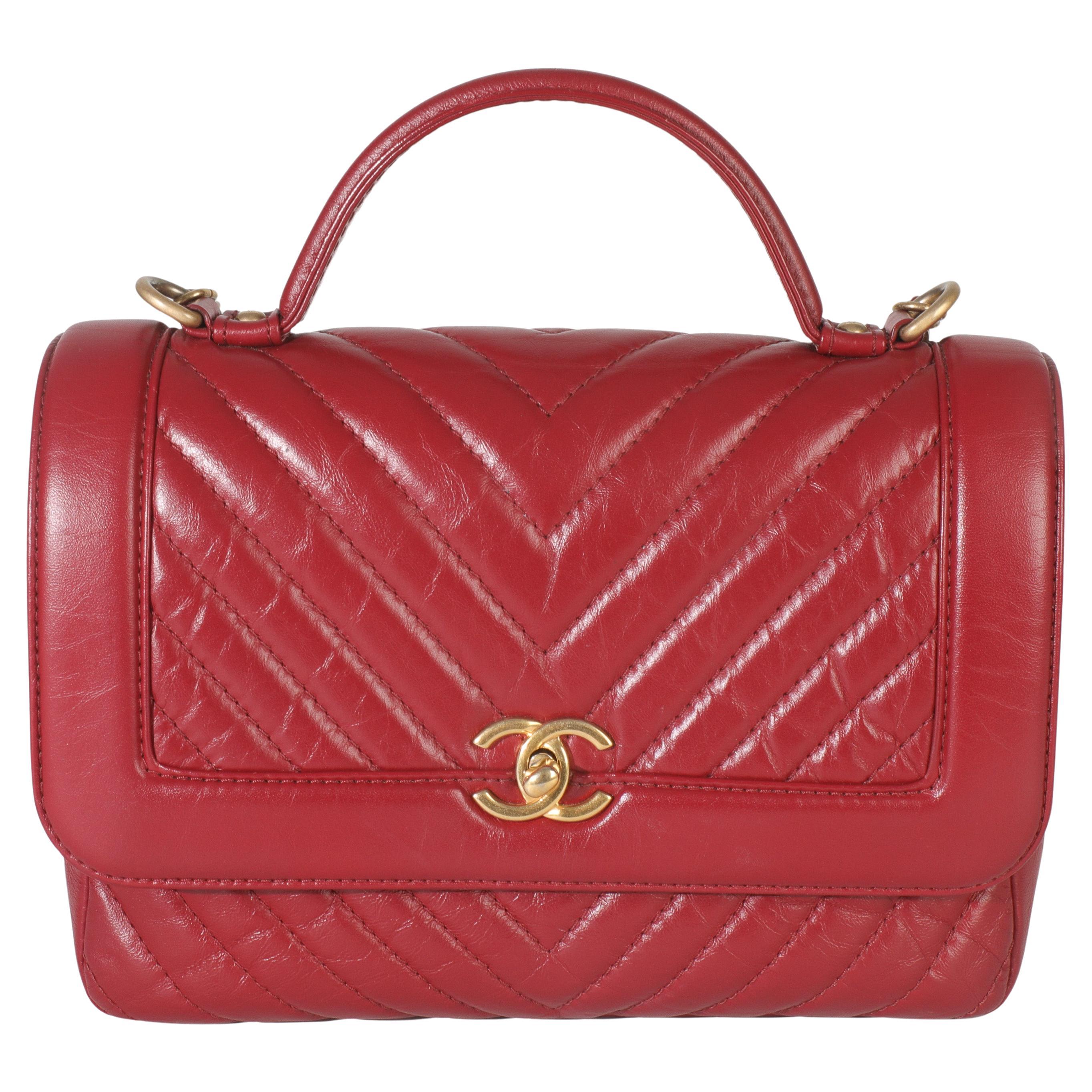 Chanel Red Chevron Calfskin Top Handle Flap Bag For Sale