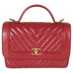 Chanel Red Chevron Calfskin Top Handle Flap Bag