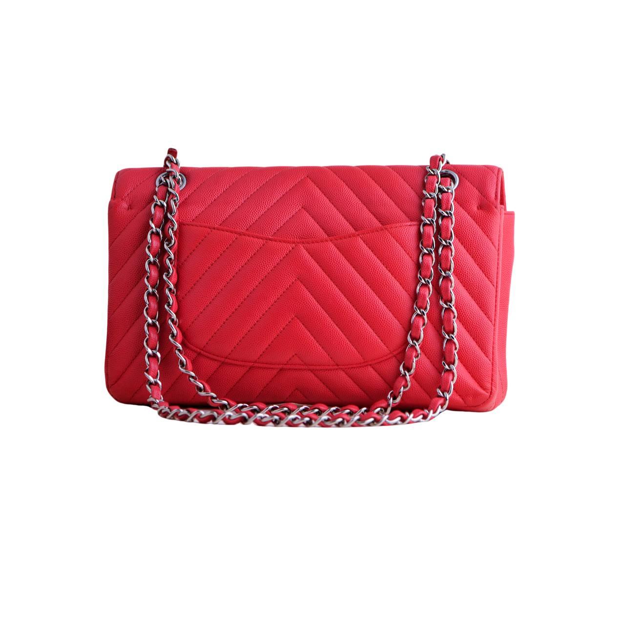 Chanel Red Chevron Caviar Medium Classic Double Flap Bag For Sale 1