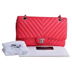 Chanel Caviar Chevron Rojo Bolso Clásico Doble Solapa Mediano