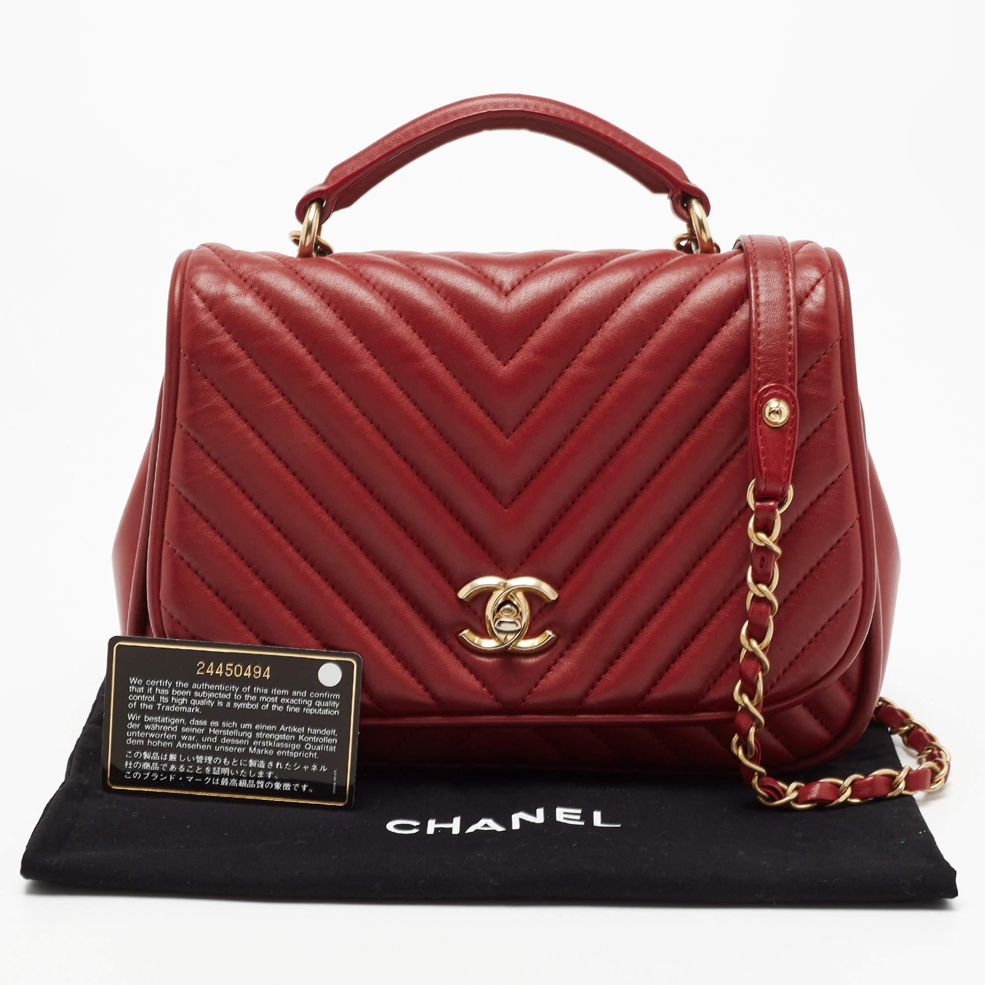 Chanel Red Chevron Leather CC Flap Top Handle Bag 8