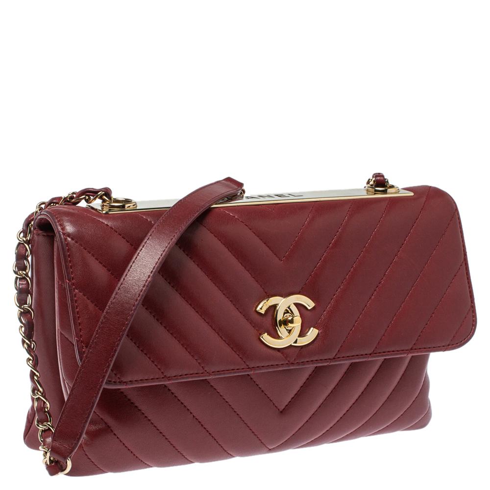 Brown Chanel Red Chevron Leather CC Trendy Flap Bag