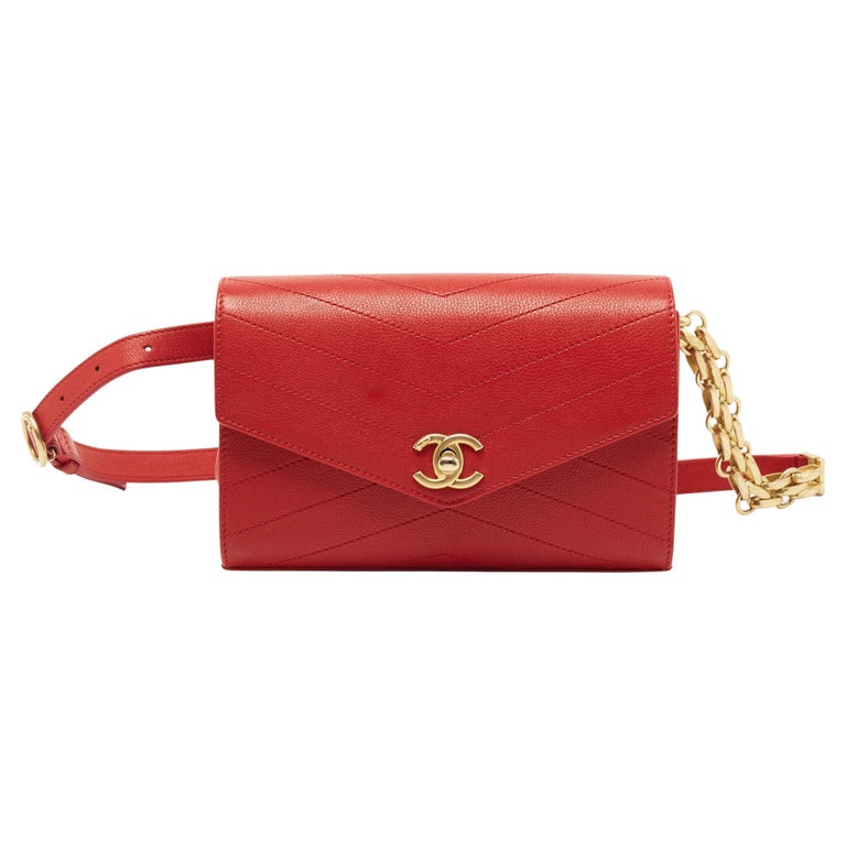 Chanel Red Chevron Leather Coco Waist Belt Bag at 1stDibs