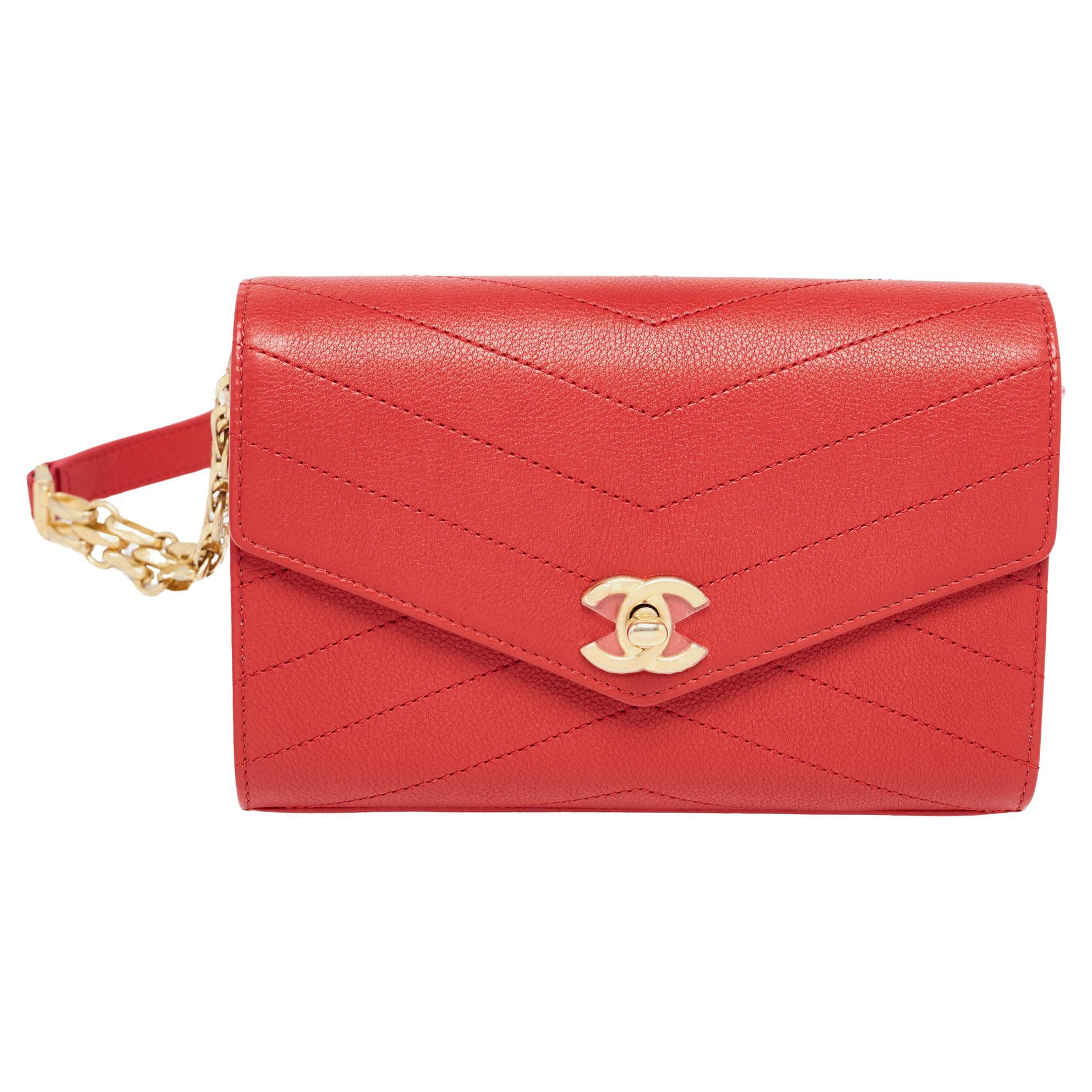 Chanel Red Chevron Leather Coco Waist Belt Bag For Sale