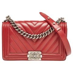Chanel Red Chevron Leather Medium Boy Bag