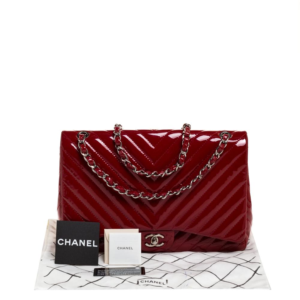 Chanel Red Chevron Patent Leather Maxi Classic Single Flap Bag 5