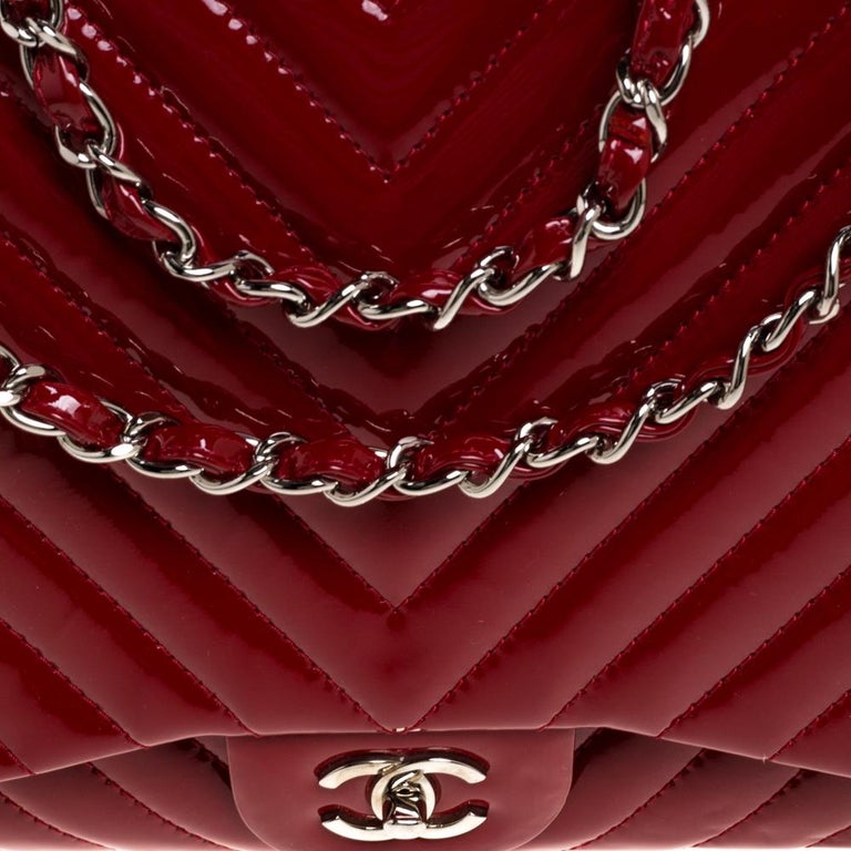 Chanel Red Chevron Patent Leather Maxi Classic Single Flap Bag at 1stDibs
